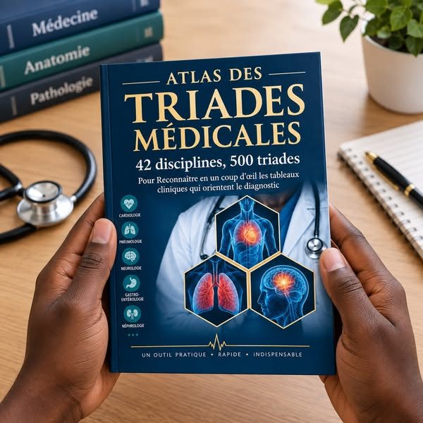 L'Atlas des Triades Médicales tenu en main, sur un bureau de médecin