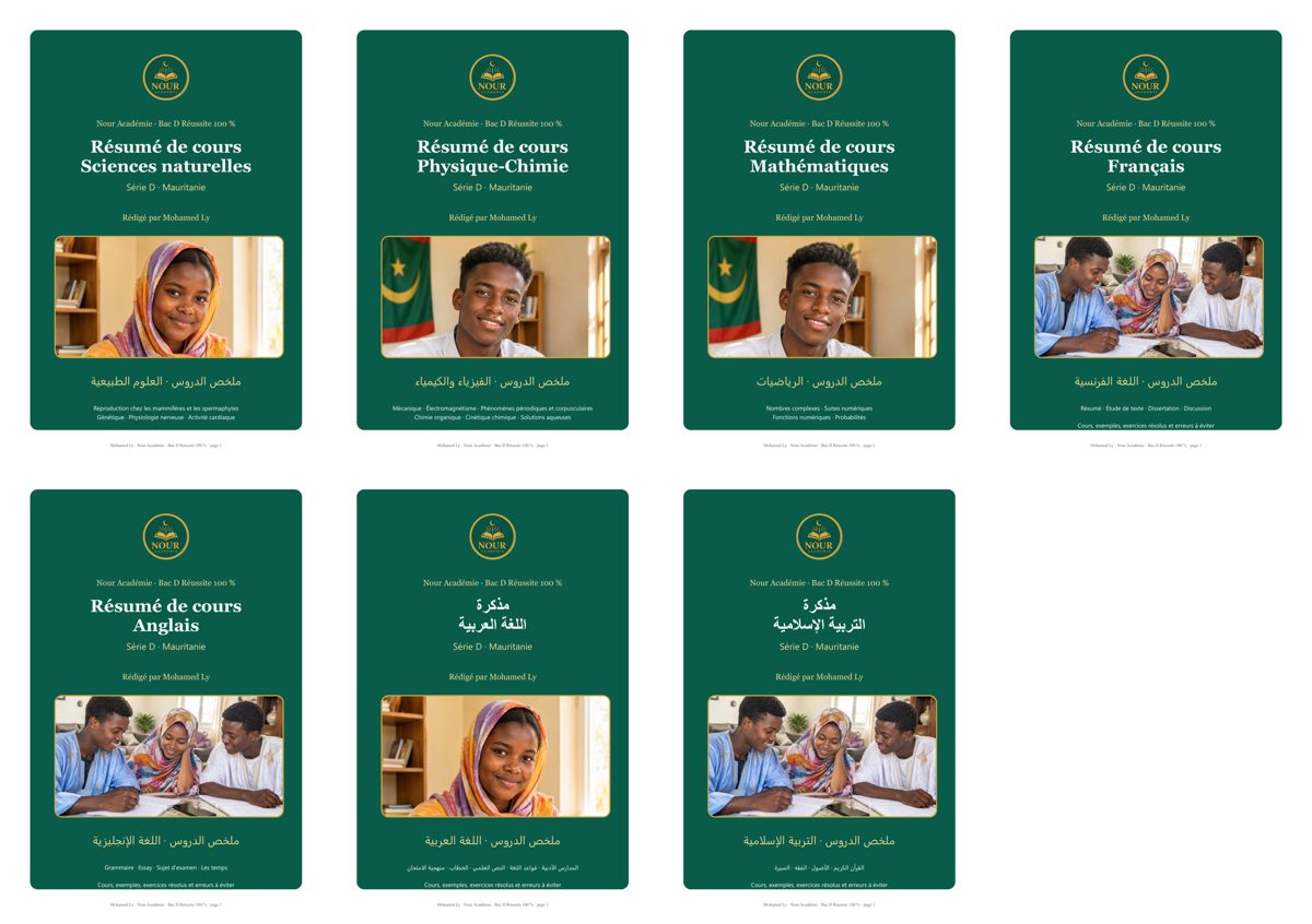 Couvertures des résumés Bac D Réussite 100 % : Maths, Physique-Chimie, Sciences naturelles, Français, Anglais, Arabe, Éducation islamique
