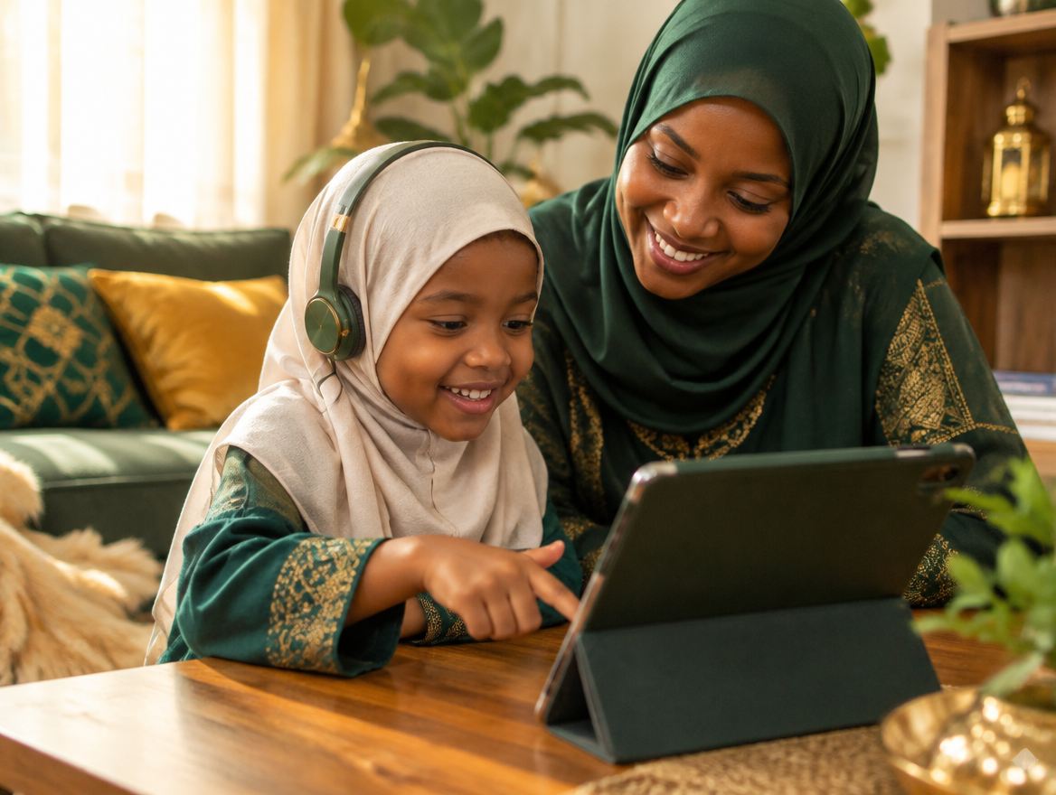 Une mère et sa fille apprennent sur une tablette