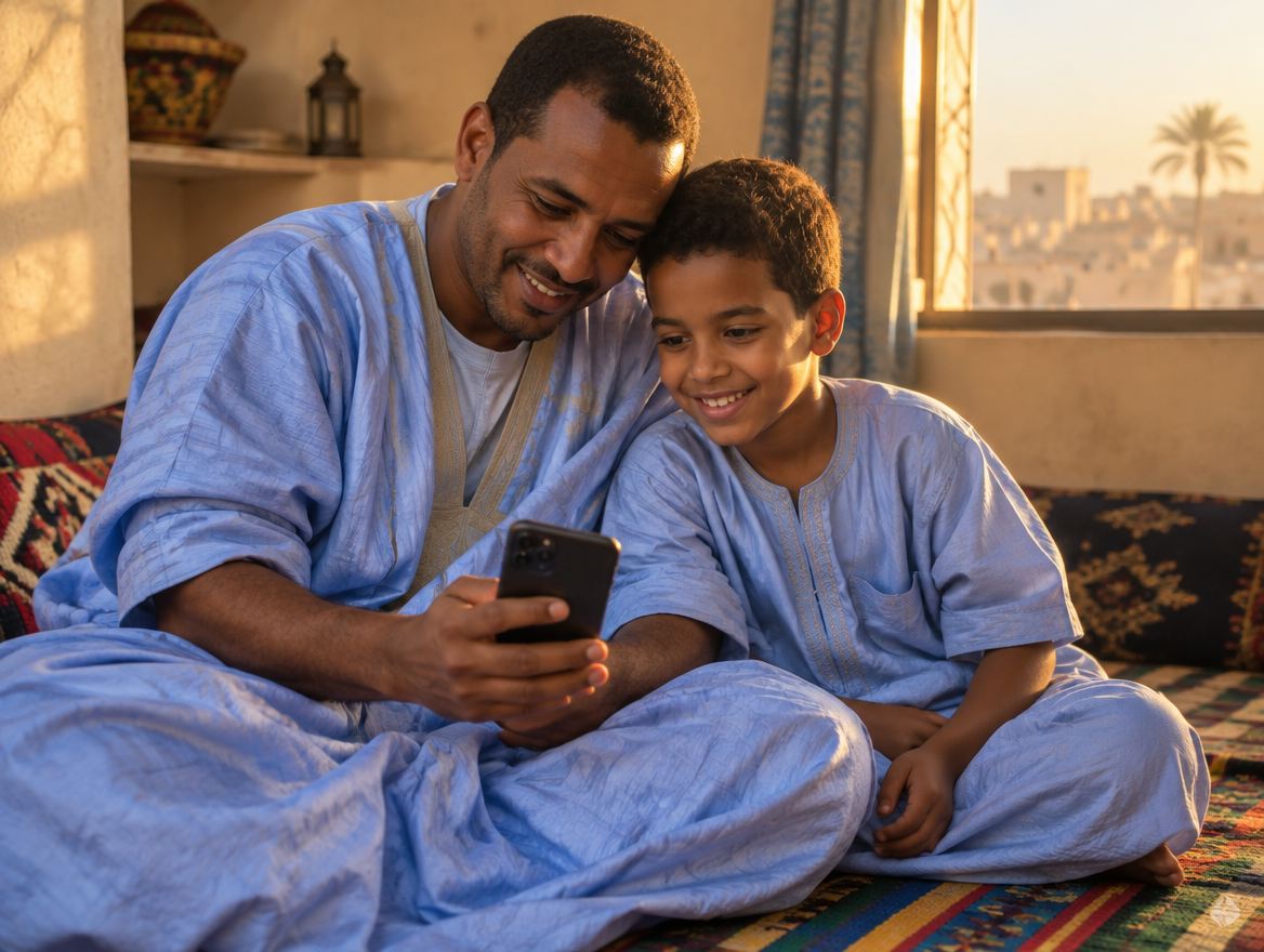 Un père et son fils apprennent ensemble sur un téléphone