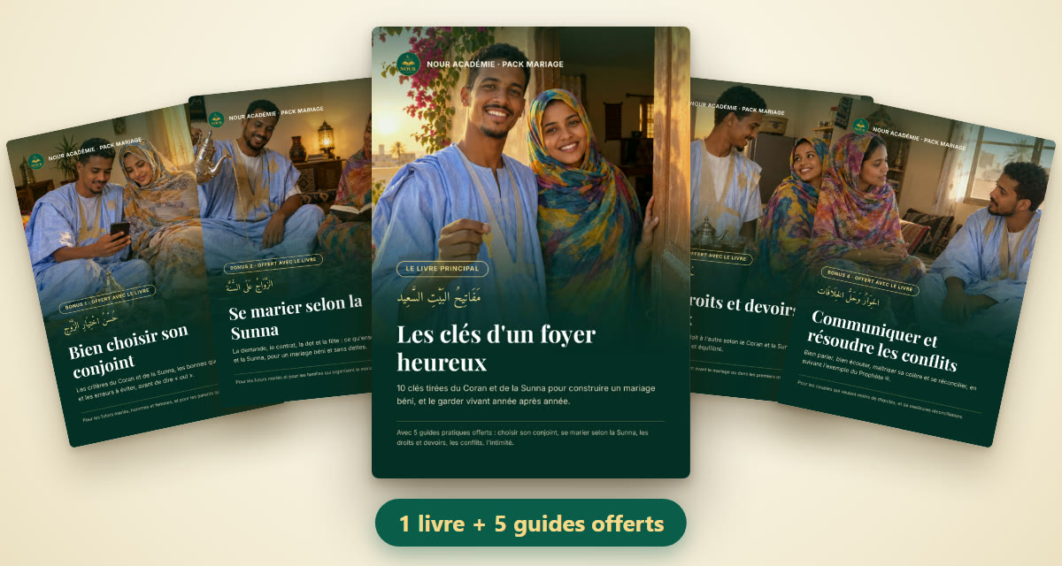 Le livre principal et les 5 guides offerts du Pack Mariage