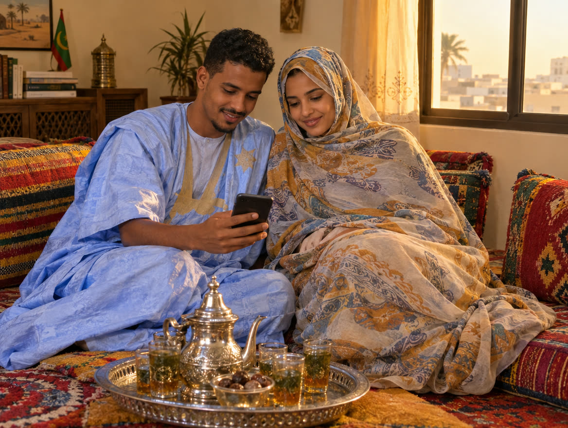 Un couple mauritanien lit ensemble sur un téléphone